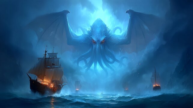 Colossal sea monster confronts sailing ships in a dark, stormy ocean