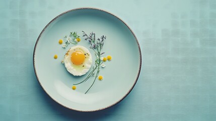 Exquisite Egg Creation: A beautifully presented fried egg with a vibrant yolk sits delicately on a stylish blue plate, adorned with artistic flower. the essence of culinary elegance.