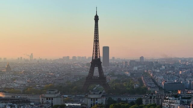 Aerial view of Experience the breathtaking beauty of a stunning Paris sunrise with the iconic Eiffel Tower. France