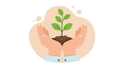 Hands nurturing a small plant on a soft pastel background  