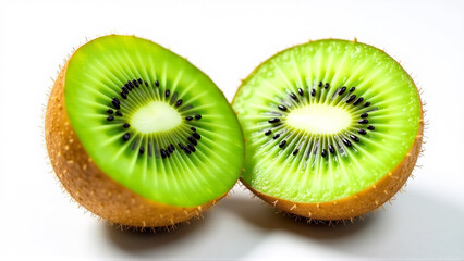 Half Kiwi Fruit Revealing Vivid Green Flesh and Black Seed Pattern, Isolated White