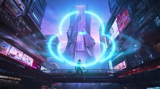A neon-lit cyberpunk city at twilight, towering skyscrapers connected by luminous data conduits; human silhouettes walking on streets that glow with neural pulses, energy pathways converging on a mass