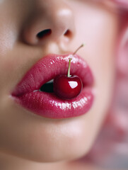 Ultra-glossy lips and a single cherry make a bold and shiny statement in this beauty-focused close-up.