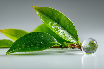 A green leaf with visible veins and a tiny glass sphere on a white background, symbolizing nature’s beauty and fragility in a serene, minimal composition.