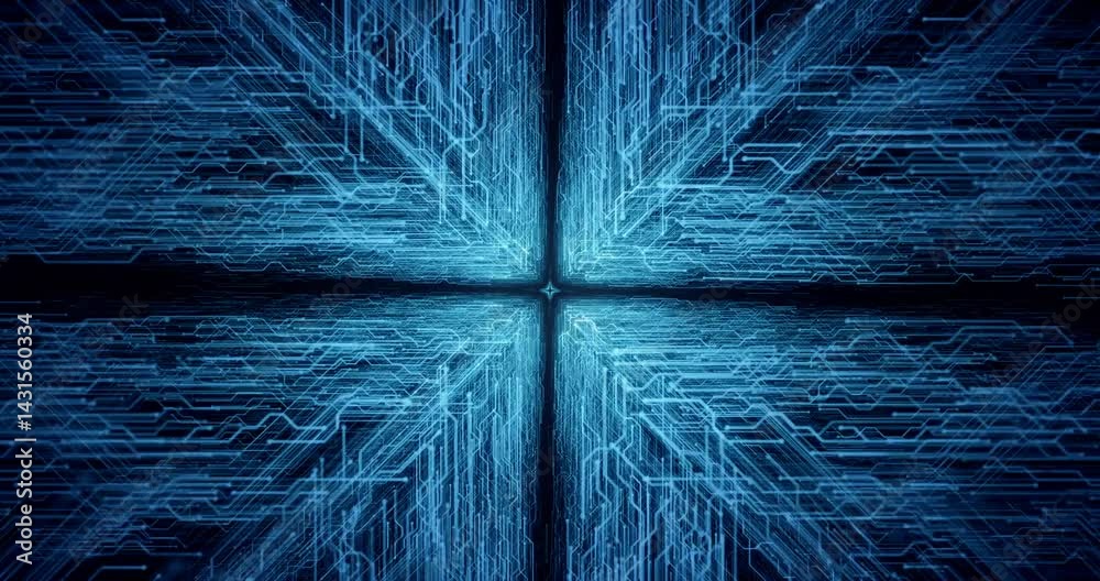 Poster blue circuit lines form a tunnel-like tech matrix with a fast pulsating light, resembling a data str