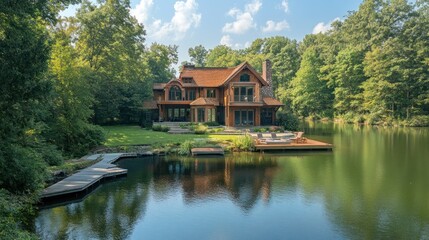 Fototapeta premium Luxury Lakeside Log Cabin Home: Serene Waterfront Estate