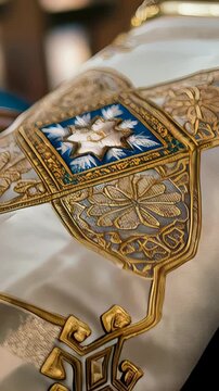Ornate religious vestment featuring intricate embroidery with delicate golden and blue details, gradually shifting focus highlighting exquisite needlework and textile craftsmanship