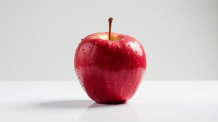 Perfect Red Delicious Apple with Water Droplets on Reflective White Surface