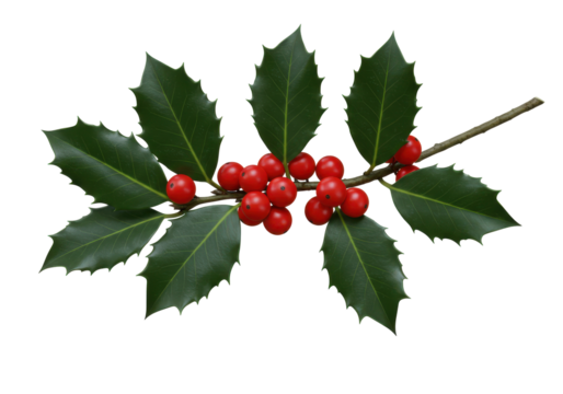 Festive holly branch rich with vibrant red berries against a stark black backdrop