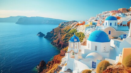 Obraz premium Picturesque Santorini: Aegean Sea, Whitewashed Churches, and Colorful Buildings