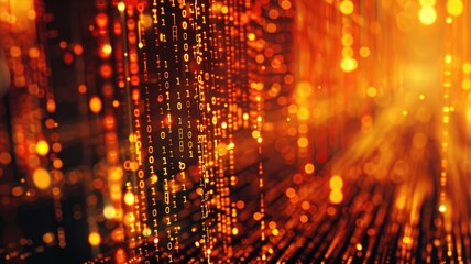 Abstract picture orange particle with digital technology style design with the coding data flow show dynamic movement represent about programming by programmer or problem solve by encryption. AIG53.