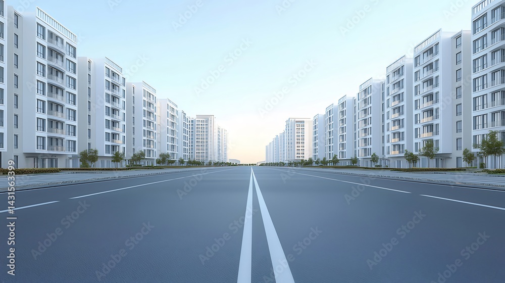 Poster 青い空の下の近代的な都市の道路と建物群の風景 遠近法の視点から見た近代建築の街並み