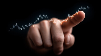 Close-up finger touching glowing financial graph on black background


