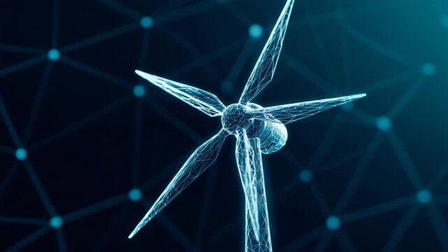 Crystal Wind Turbine: A futuristic, crystal-like wind turbine against a dark blue, network-like background, symbolizing clean energy and technological advancement. 