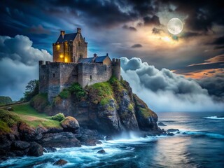 Naklejka premium Eerie Midnight: Scottish Castle on Atlantic Cliff, Misty Moonlit Night