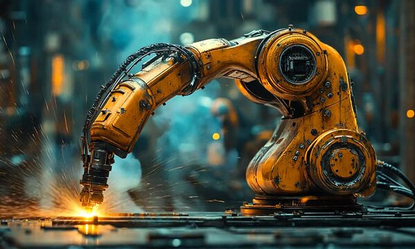 Industrial robotic arm performing welding in a busy factory with sparks flying around