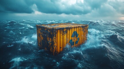 Abandoned recycling container drifts in the ocean under a cloudy sky