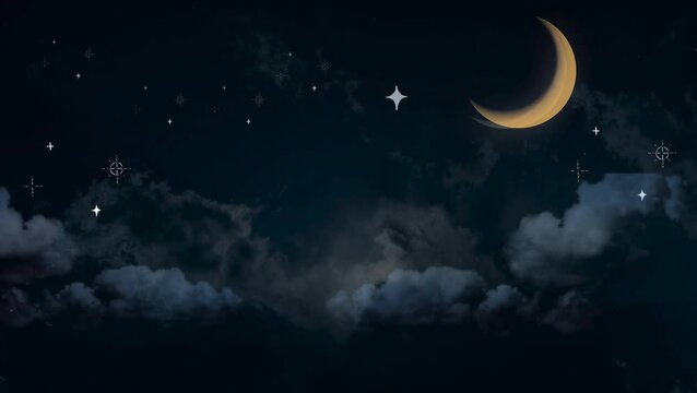 A nighttime sky animation featuring a crescent moon, twinkling stars, and clouds covering the entire sky.