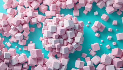 Colorful sugar cubes create a playful arrangement on a bright turquoise background, showcasing fun design and texture