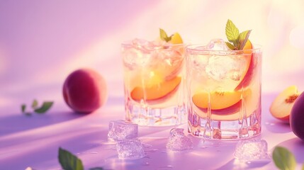 Two glasses of refreshing cocktail with ice cubes, peach slices and fresh mint generative ai