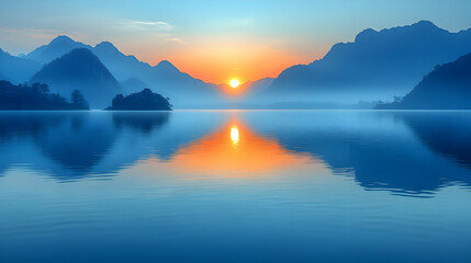 Fototapeta premium Serene Sunset Over Mountains Reflected in Calm Lake Water