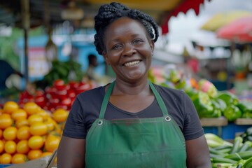 Smiling African American woman standing at vegetables stall and selling to customers at market place
