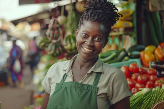 Smiling African American woman standing at vegetables stall and selling to customers at market place