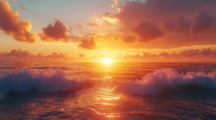 Fiery Sunset over Ocean Waves: A breathtaking panorama of a vibrant sunset casting warm hues over crashing waves, creating a serene and magical atmosphere.