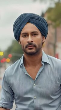 Young Sikh businessman wearing blue dastar and gray shirt, confidently standing against urban cityscape background