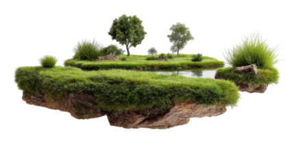 Floating Island Oasis: A serene island paradise floats gently amidst the vast expanse, showcasing a miniature world of verdant green, a tranquil pond, and lush plant life. 