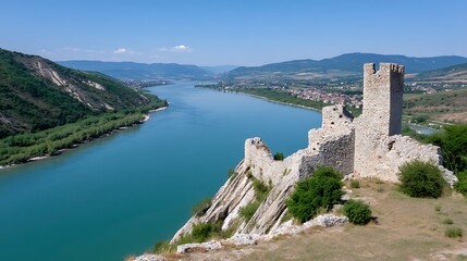 Fototapeta premium River valley view with ancient stone castle ruins atop a cliff