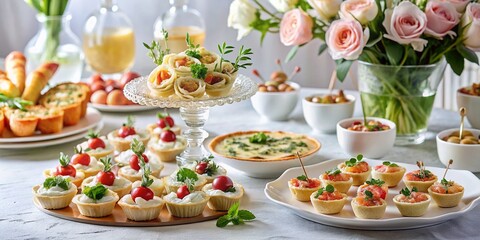 Elegant Buffet Table with Gourmet Appetizers & Flowers - Refined Party Food