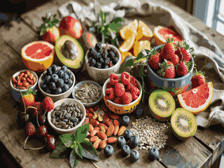 Healthy food selection Assorted superfoods Fresh fruits and berries Mixed nuts and seeds Superfood flat lay 