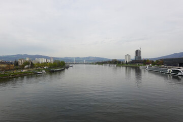 Fototapeta premium A riverside embankment in Linz, the river Danube, Austria 