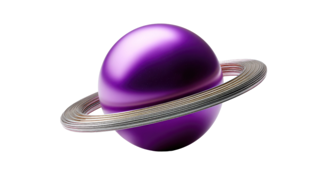 Purple Planet in Space: A mesmerizing photorealistic rendering of a vivid purple planet, encircled by a delicate ring system, floats serenely against the infinite black canvas of space. - Powered by Adobe