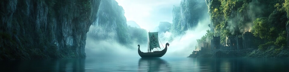 Ancient Viking Longship Sailing Through Misty Fjords – Dramatic Landscape with Historical Vessel and Atmospheric Serenity.