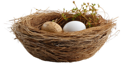 Bird's Nest with Eggs: Two bird eggs nestled in a delicate bird's nest, adorned with fresh green sprigs.