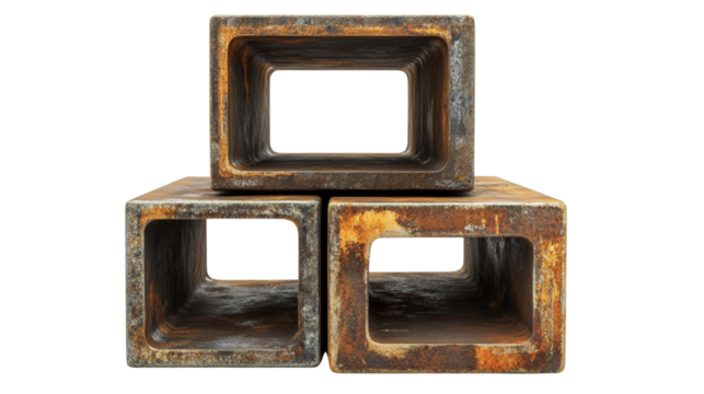 Oxidized metal squares forming a stacked architectural fragment on a transparent display