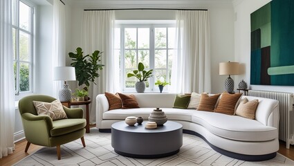 Fototapeta premium Bright Living Room with White Sectional and Colorful Pillows