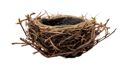 Empty Nest: A detailed view of a bird's nest, meticulously crafted from twigs and natural materials, symbolizing new beginnings.