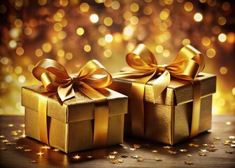 Elegant Gift Boxes with Gold Ribbons and Bows: Luxury Packaging Stock Photo