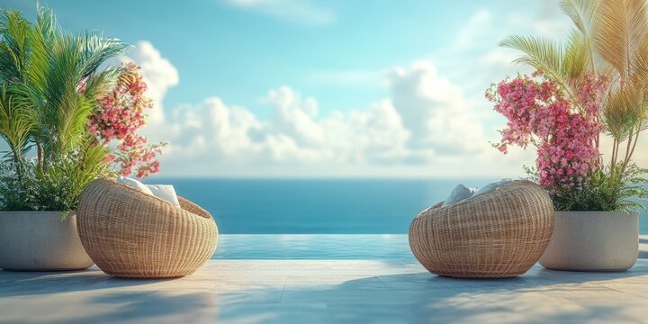 Serenity at a seaside terrace featuring cozy seating and blooming flowers with a stunning ocean view under a clear blue sky