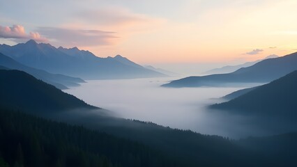 Obraz premium Mountains Emerging From Mist at Dawn Scenic Landscape