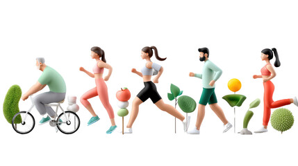 Active Lifestyle: A vibrant and dynamic illustration depicts active individuals engaging in various forms of exercise amidst stylized plant life. It&rsquo;s a visual celebration of fitness, health.