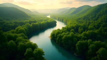 River Flowing Through Forest Hills at Sunset