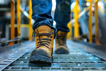 Worker with safety boots in an industrial environment
