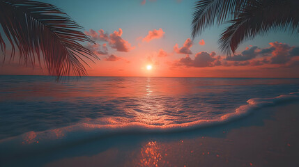Vibrant Orange and Pink Sunset Over Tropical Beach