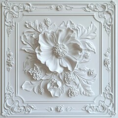 A stucco relief of peony blooms, complete with intricately detailed petals and leaves, creates a realistic 3D effect on the textured wall