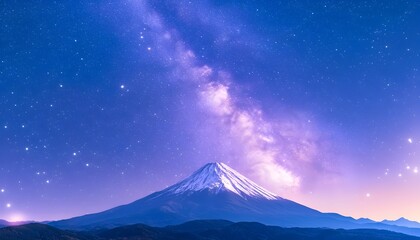 A majestic snow-capped mountain silhouetted against a vibrant purple and blue night sky, illuminated by the shimmering Milky Way