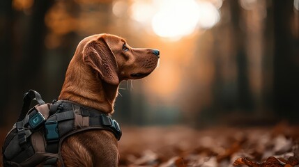 Dog wearing a rugged terrain harness with attachable camera for POV adventure footage, exploration pet gear, pet action cam